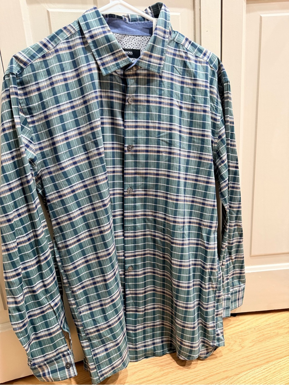 Hugo Boss Blue Chambray Trim with Green Plaid Shirt